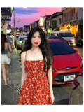 PICSGIRL  -  Dress Holiday Summer Women's 2024 Elegant Vintage Phuket Girl Red Floral Sling Vacation Hot Girl Style Short Female Y2k Dresses