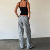 PICSGIRL  -  Women's Y2K Vintage Plaid/Striped Long Pants Casual Elastic Drawstring Low Waist Wide Leg Retro Trousers with Pockets