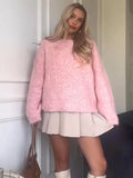 PICSGIRL  -  Elegant Knit Solid Women Pullover Loose Full Sleeve O Neck Female Sweater 2024 Autumn Fashion Pink All Match Lady Knitwear