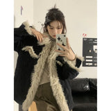 PICSGIRL  -  American Retro Fur Collar Black Cardigan Denim Jacket Women Autumn Winter New Plush Thickened Fashion Street Casual Jacket