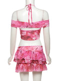 PICSGIRL  -  Sexy Tie-Dye Print 2-Piece Set Women Folds Halter Lace-Up One Shoulder Backless Tops+Tierred Mini Skirts Matching Suits