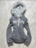 PICSGIRL  -  Y2K Zipper Gothic Letter Printed Fur Collar Hoodie Slim Fit Comfortable Casual Grey Sportswear Warm Top Women Cardigan