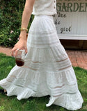 PICSGIRL  -  Embroidered Hollow Lace Spliced White Long Skirt 2024 Spring Summer New Elastic Waist Cotton A-line Vacation Beach Boho Skirt