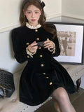 PICSGIRL  -   party look snspos Autumn Black Velvet Dresses for Women Long Sleeve Single Breasted Evening Party Dress Korean Fashion A-line Vestido Mujer New