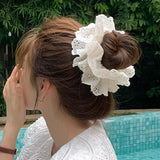 PICSGIRL  -  White French Retro Large Hair Rope Ties Ponytail Holder Big Flower Lolita Lace Hair Bands Korean Lace Cotton Pleated Scrunchies