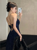 PICSGIRL  -  Women's Backless V-Neck Split Maxi Dress Sexy Slim Evening Gown Luxury Dresses Fashion Robe Birthday Party Spring Autumn New