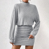 PICSGIRL  -  Casual Fitting Slim Plain Knitted Sweater Dress Women's Long Sleeve High Neck Solid Slim Mini Dresses High Street Vestidos Dress