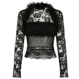 PICSGIRL  -  party look snspos Y2K Black Lace Patchwork Fur Two Piece Set Transparent Sexy Tube Top and Long Sleeve Smock  Matching Sets Lady Spring