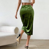 PICSGIRL  -  Sexy Plain  Side Slip Velvet Skirt Ruched Front Green Slim Fit Skirt Autumn Party Cocktail Bodycon Wrap Women Outerwear Clothing