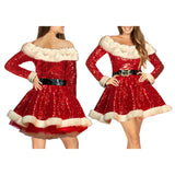 PICSGIRL  -  Women Plush Trim Sequins Long Sleeve Off Shoulder Dress Party Costume Christmas Costume Santa Cosplay Dress