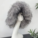 PICSGIRL  -  Luxury Fluffy Women Faux Fur Bucket Hats Oversized 17cm Wide Brim Thicken Outdoor Warm Plush Punk Hat Girl Y2k Female Ski Panama