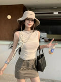 PICSGIRL  -  Fashion Casual White New T Shirt For Women O Neck Sleeveless Ruched Irregular Slim T Shirts Females Summer Fashion 2024 Stylish