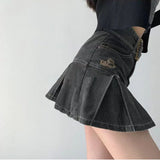 PICSGIRL  -  Denim Pleated Mini Skirt Vintage Sexy High Waist A-line Belt Women Embroidery Jean Short Skirt Summer Japanese Y2k