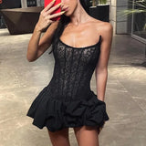 PICSGIRL  -  Black Lace Strapless Dress Women's Sexy Sleeveless Pleated A-Line High Waist Dress Backless Off Shoulder Y2k Party Dress