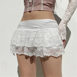 PICSGIRL  -  layered look inspo Elegant White Mini Skirt for Women High Waist Ruffle Lace Patchwork Fairycore Perfect for Parties and Nightclubs