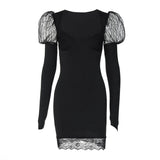 PICSGIRL  -  Lace Patchwork Elegant Mini Dress Women U-Neck Long Sleeved Slim Versatile Solid Short Dress Autumn/Winter Streetwear