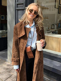 PICSGIRL  -  Vintage Suede Belt Double Breasted Coats Women Casual Turn-down Collar Long Jackets For Woman Solid High Street Outwears Tops