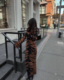 PICSGIRL -  Elegant Leopard Print Knitted Maxi Dress Women Flare Sleeve Slim Sexy Waist Cut Out Vestidos Street Fashion Party Long Dresses