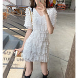 PICSGIRL  -  French Kikyu Solid V-Neck Ruffle Edge Dress 2024 Summer New Sweet Short Sleeve Short Skirt Short Style