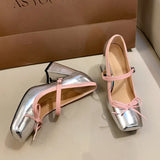 PICSGIRL  -  Chunky Heel Mary Jane Shoes Bow Fashions Square-toe High Heels Summer 2024 Retro Platform Sandals Silver Heeled Mary Jane Women