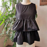 PICSGIRL  -  New Fashion Black Sleeveless Women's Summer Kawaii Round Neck T-shirt Top with Ruffled Cute Korean Women's Vest Top Loose