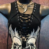 PICSGIRL  -  Dark Gothic Skull Print Tie Up Y2K Spicy Girl Slip Dress Summer New Fashion Slimming Tie Up Mid length Tank Top Women Clothing