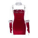 PICSGIRL  -  Christmas Velvet Feathers Mini Party Dress with Gloves Women Sexy Strapless Wrap Ruched Bodycon Clubwear Xmas Outfits Vestidos