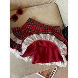 PICSGIRL  -  Kawaii Ruffle Lace Plaid Skirts Women Sweet Elegant Mini Skirt Cutecore Autumn Winter Patchwork A-line Short Skirts