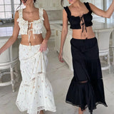 PICSGIRL  -  Womens 2Pcs Outfits Set Flower Embroidery Tie-Up Crop Tank Tops+Drawstring Low Waist Tiered Lace Patchwork Long Skirt