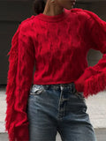 PICSGIRL  -  Luxury Red O-neck Knitted Pullover Women Chic Tassels Spliced Long Sleeves Cropped Sweater 2024 Autumn Lady Street Knitwear ﻿