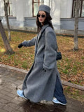 PICSGIRL  -  Fashion Grey Lapel Long Woolen Coats Women Double-breasted Pockets Long Sleeves Overcoat 2024 Autumn Lady Street Outerwear