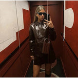 PICSGIRL  -  Fashion PU Leather Coat Skirt Sets Women 2024 Autumn Winter O-neck Long Sleeve Single Breasted Jackets Top Mini Skirt Ladies Set