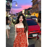 PICSGIRL  -  Dress Holiday Summer Women's 2024 Elegant Vintage Phuket Girl Red Floral Sling Vacation Hot Girl Style Short Female Y2k Dresses