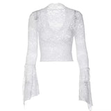 PICSGIRL  -  Fashion Sexy Deep V Slim-fit Lace T-shirts Women Tops Summer Short Navel Lace Long Sleeve Hot Girl Style Lace Tops T Shirts