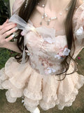 PICSGIRL  -  Summer Party Mini Dress Women New Flower Bow Lolita Sweet Dress Female Korean High Waist Short Sleeves Cake Fairy Dress 2024