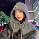 PICSGIRL  -  Winter Balaclava Hat Warm Knitted Women's Hood Hat Caps Cap Outdoor Pullover Color One-piece Solid Neck Cashmere Pullover Hat