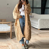 PICSGIRL  -  2024 Casual Solid Color Pocket Coat Ladies Elegant V Neck Hollow Knitted Cardigan Autumn Winter Thick Warm Loose Sweater Outwear