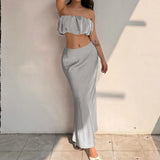 PICSGIRL  -  One-Shoulder Strap Crop Top Slim Skirt Suit For Women Sexy Satin Top Solid Long Skirt Female Party Summer Two Pieces Set