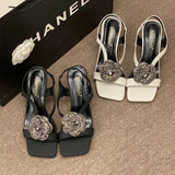 PICSGIRL  -  Rhinestone Flower High Heel Sandals Women Luxury Sandals Square Head Pumps Women Designers Diamond Flowers Party Dress Shoes