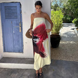 PICSGIRL  -  Flower Print Holiday Dress Women Elegant Sexy Backless Strapless Maxi Dresses Summer Fashion Patchwork Loose Beach Party Dress