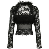 PICSGIRL  -  party look snspos Y2K Black Lace Patchwork Fur Two Piece Set Transparent Sexy Tube Top and Long Sleeve Smock  Matching Sets Lady Spring