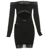 PICSGIRL  -  Women Sexy Lace Patchwork Hollow Out Bodycon Mini Dress Metal Buckle Off Shoulder Long Sleeve Hipster Party Clubwear Streetwear