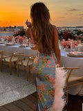 PICSGIRL  -  holiday outfitsSexy Blue Flower Print Feather Long Strap Dress Elegant Sleeveless Backless High Slit Robe Lady Beach Vacation Party Vestidos