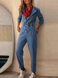 PICSGIRL  -  Women Slim Denim Jumpsuits Long Pants Rompers Springturn Down Collar Loose One Piece Full Sleeve Tight High Waist Overalls