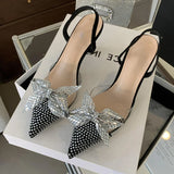 PICSGIRL  -  Luxury Pointed Heels Woman Crystal Slingback Shoes Glitter Bow Bride Fine High Heel Sandals Female Muller Pumps Women