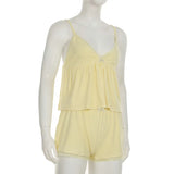 PICSGIRL  -  Lace Patchwork Solid Backless Two-piece Set Sleeveless Halter Vacation Sexy Sweet Suit Deep V-neck Summer Twinset