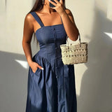 PICSGIRL  -  Maxi Dress Women's Summer Casual Solid Suspender Sleeveless Nipped Waist Pleated Single Breasted Button Holiday Dresses