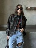 PICSGIRL  -  Solid Distressed Two-piece Set Women Long Sleeve PU Leather Jackets+Mini Skirts Sets American Vintage Streetwear Outerwear New