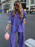 PICSGIRL  -  Women's Oversized Striped Shirt Pants Suit Lapel Long Sleeves Top High Elastic Waist Pockets Straight Leg Pant Female Set