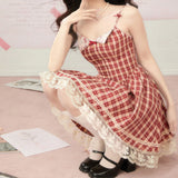 PICSGIRL  -  Vintage Sweet Red Plaid Dress for Women Kawaii Elegant French Style Bow Lace Party Mini Dress Retro Lolita Pleated Dress